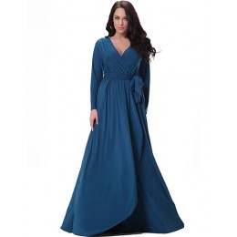 Women's Party/Cocktail Plus Size Plus Size Dress,Solid V Neck Midi Long Sleeve Blue Spandex Fall