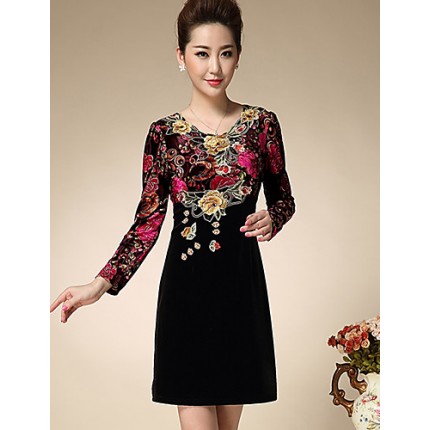 Women's Casual/Daily Simple Sheath Dress,Embroidered Round Neck Above Knee Long Sleeve Red / Orange Polyester Spring