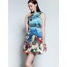 Boutique S Women's Casual/Daily Cute A Line Dress,Print Round Neck Above Knee Sleeveless Blue Cotton Summer