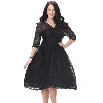 Women's Beach Plus Size / Skater Dress,Solid Deep V Knee-length ? Sleeve Black Polyester Spring