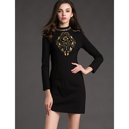 Women's Work Shift Dress,Jacquard Crew Neck Mini Long Sleeve Black Cotton / Polyester Spring