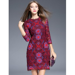 Boutique S Women's Going out Vintage Sheath Dress,Floral Round Neck Above Knee ? Sleeve Red Polyester