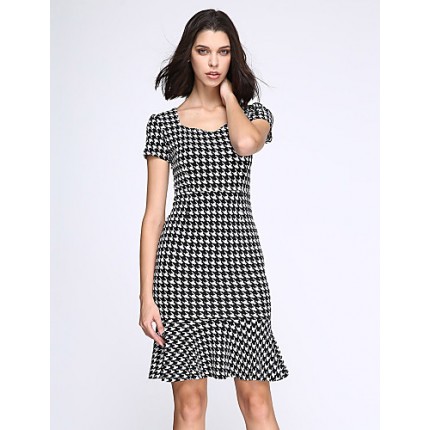 Women's Vintage / Simple Houndstooth Ruffle Slim Fishtail Plus Size / Sheath Dress,Square Neck Knee-length