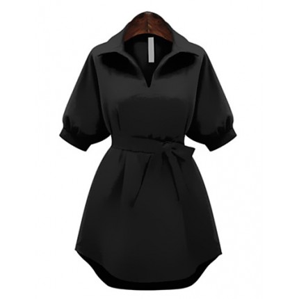 Women's Plus Size Simple Sheath Dress,Solid Shirt Collar Above Knee ? Length Sleeve Red / Black Polyester Summer