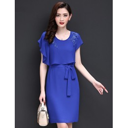 Women's Going out Vintage / Simple Sheath / Chiffon Dress,Embroidered Round Neck Above Knee Short Sleeve