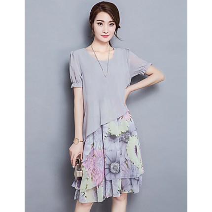 Women's Going out Street chic Plus Size / Chiffon Dress,Floral Round Neck Knee-length Short Sleeve Gray Summer