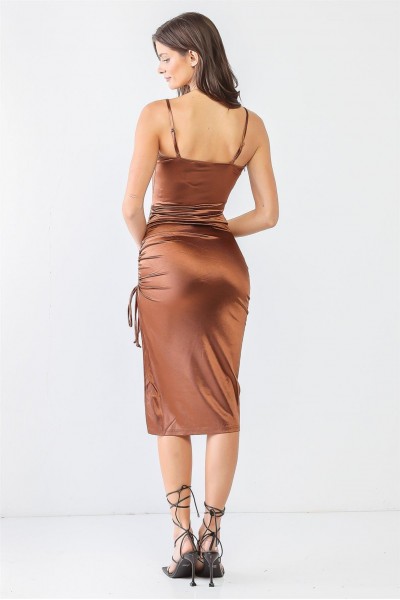 Satin Square Neck-Line Strappy Ruched Midi Dress