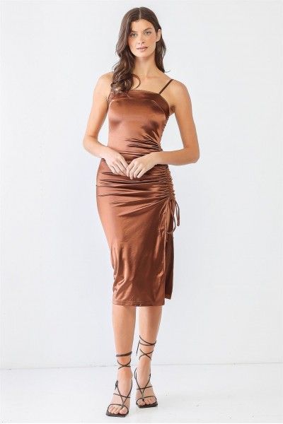 Satin Square Neck-Line Strappy Ruched Midi Dress