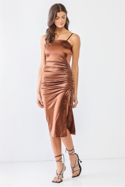 Satin Square Neck-Line Strappy Ruched Midi Dress