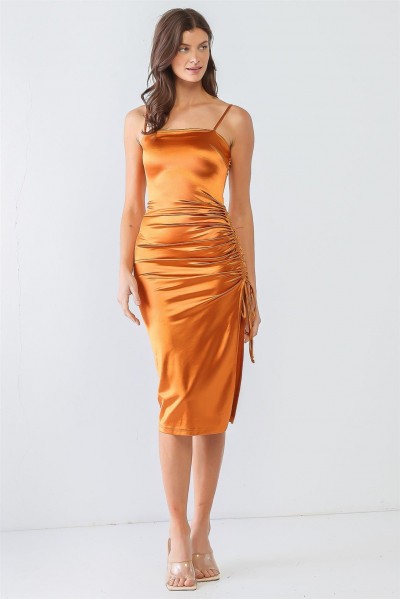 Metallic Rust Satin Strappy Ruched Midi Dress /4-2-1