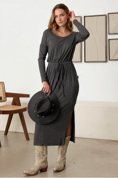 Belted Long Sleeve Side Slit Basic Maxi Dress