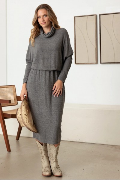 Turtle Neck Elastic Waist Long Sleeve Midi Dress