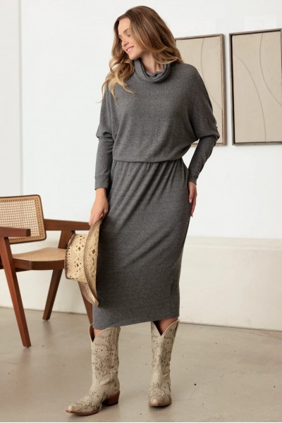 Turtle Neck Elastic Waist Long Sleeve Midi Dress