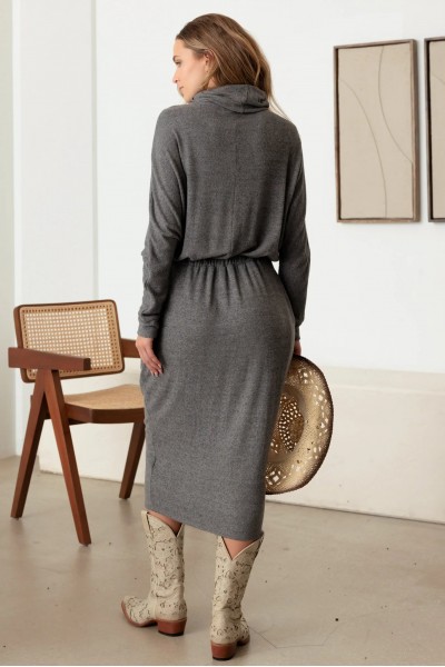 Turtle Neck Elastic Waist Long Sleeve Midi Dress