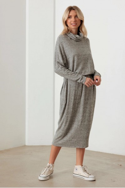 Turtle Neck Elastic Waist Long Sleeve Midi Dress