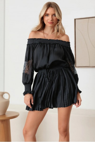 Smocked Off-Shoulder Lace Sleeve Mini Dress