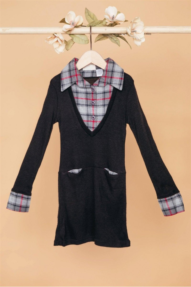 Little Girls Black Charcoal Combo Plaid Sweater Dress