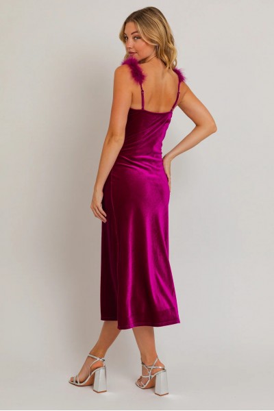 Velvet Feather Shoulder Trim Side Slit Midi Dress