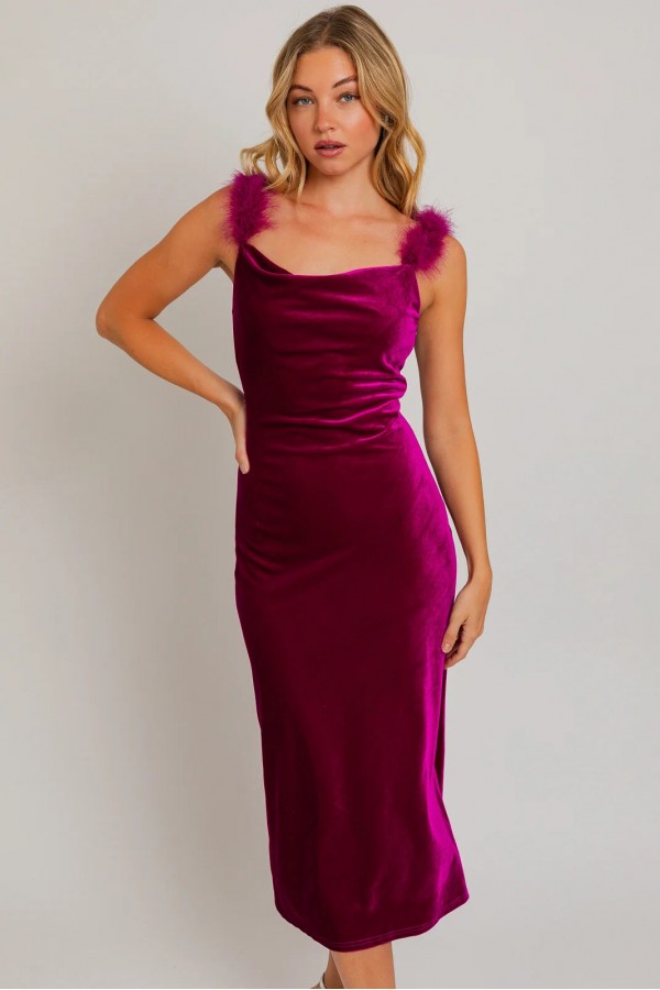 Velvet Feather Shoulder Trim Side Slit Midi Dress