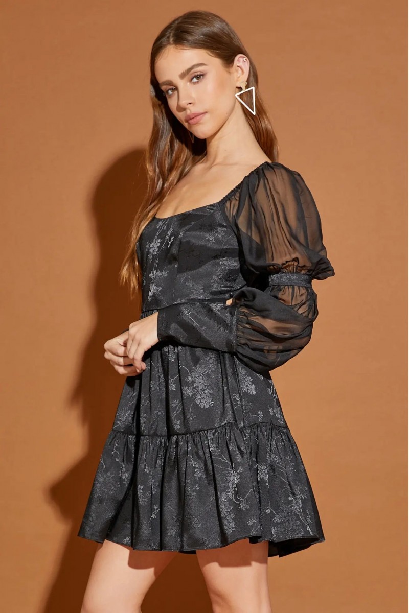 Romantic Floral Puff Sleeve Back Ribbon Tiered Dress