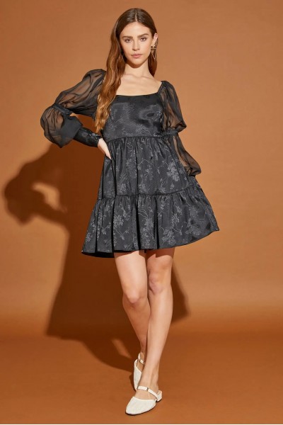 Romantic Floral Puff Sleeve Back Ribbon Tiered Dress