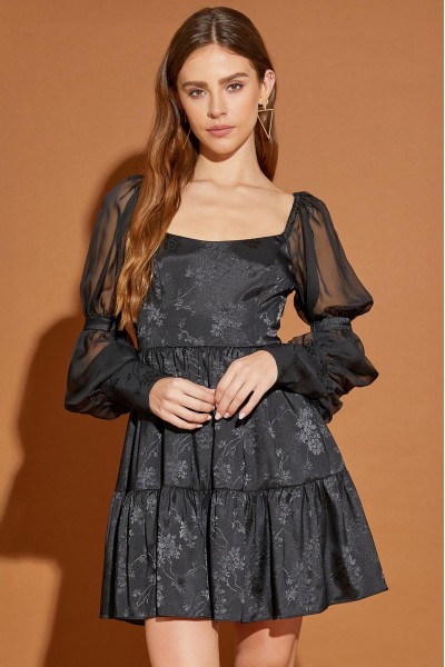 Romantic Floral Puff Sleeve Back Ribbon Tiered Dress