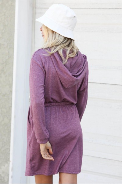 Plum Button Up Detail Hooded Long Sleeve Mini Dress /2-2-2