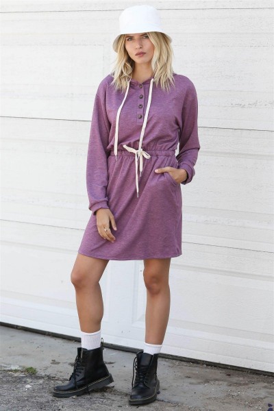 Plum Button Up Detail Hooded Long Sleeve Mini Dress /2-2-2