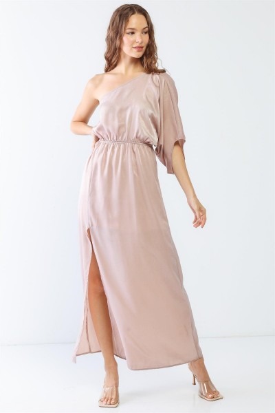 Shiny One Shoulder Batwing Sleeve Maxi Dress