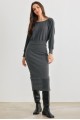 Dark Olive Ribbed Knit Cut-Out Back Long Sleeve Midi Dress /2-2-2