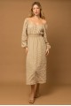 Boho Textured Long-Sleeve Smocked-Waist Maxi Dress