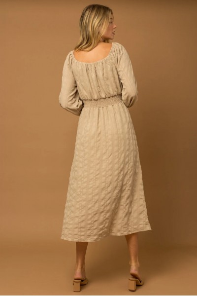 Boho Textured Long-Sleeve Smocked-Waist Maxi Dress