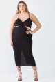 Plus Size Black Ribbed Bow Cut-Out Strappy Midi Dress /1-1-1