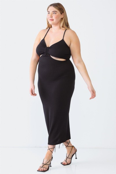 Plus Size Black Ribbed Bow Cut-Out Strappy Midi Dress /1-1-1