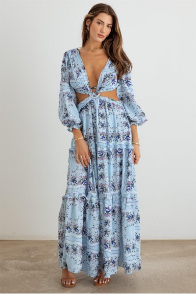 Floral Ruffle Criss-Cross Waist O-Ring  Maxi Dress