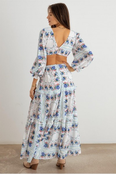 Floral Ruffle Criss-Cross Waist O-Ring  Maxi Dress