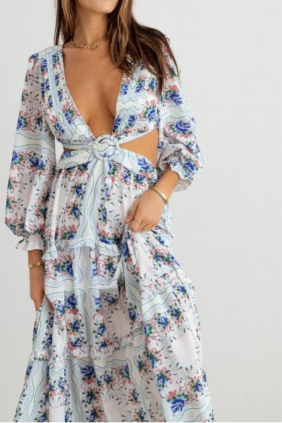 Floral Ruffle Criss-Cross Waist O-Ring  Maxi Dress