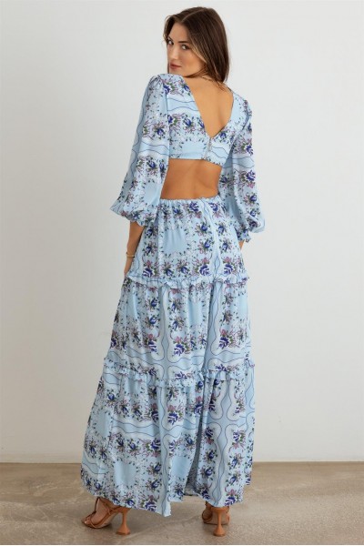 Floral Ruffle Criss-Cross Waist O-Ring  Maxi Dress