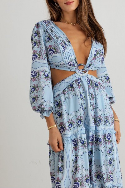 Floral Ruffle Criss-Cross Waist O-Ring  Maxi Dress