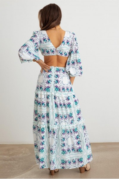 Floral Ruffle Criss-Cross Waist O-Ring  Maxi Dress