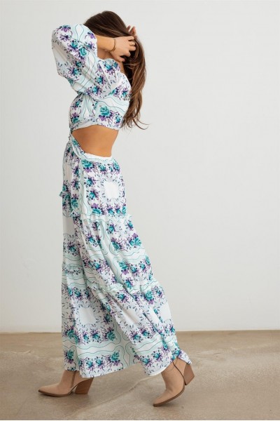 Floral Ruffle Criss-Cross Waist O-Ring  Maxi Dress