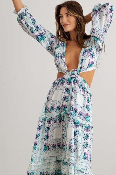 Floral Ruffle Criss-Cross Waist O-Ring  Maxi Dress