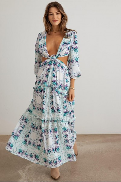 Floral Ruffle Criss-Cross Waist O-Ring  Maxi Dress