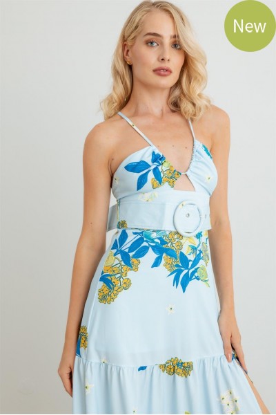 Floral Halter Neck Belted Flare Hem Maxi Dress