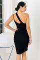 Black Ribbed Ruched Cut-Out Neck One-Shoulder Midi Dress