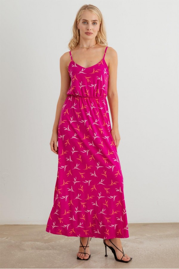 Leaf Print Sleeveless Elastic Waist Maxi Dress