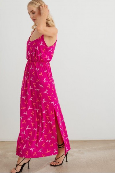 Leaf Print Sleeveless Elastic Waist Maxi Dress