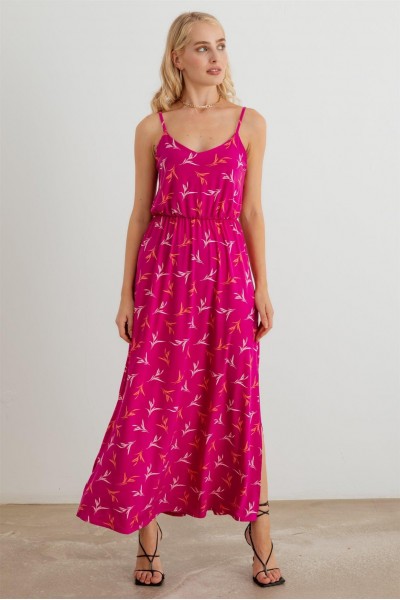 Leaf Print Sleeveless Elastic Waist Maxi Dress