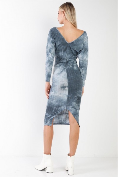 Teal Tie-Dye V-Neck Dolman Sleeve Ribbed Midi Dress /3-2-1