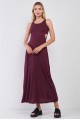 Wine Sleeveless Round Neck Crochet Back Detail Cut-Out Maxi Dress